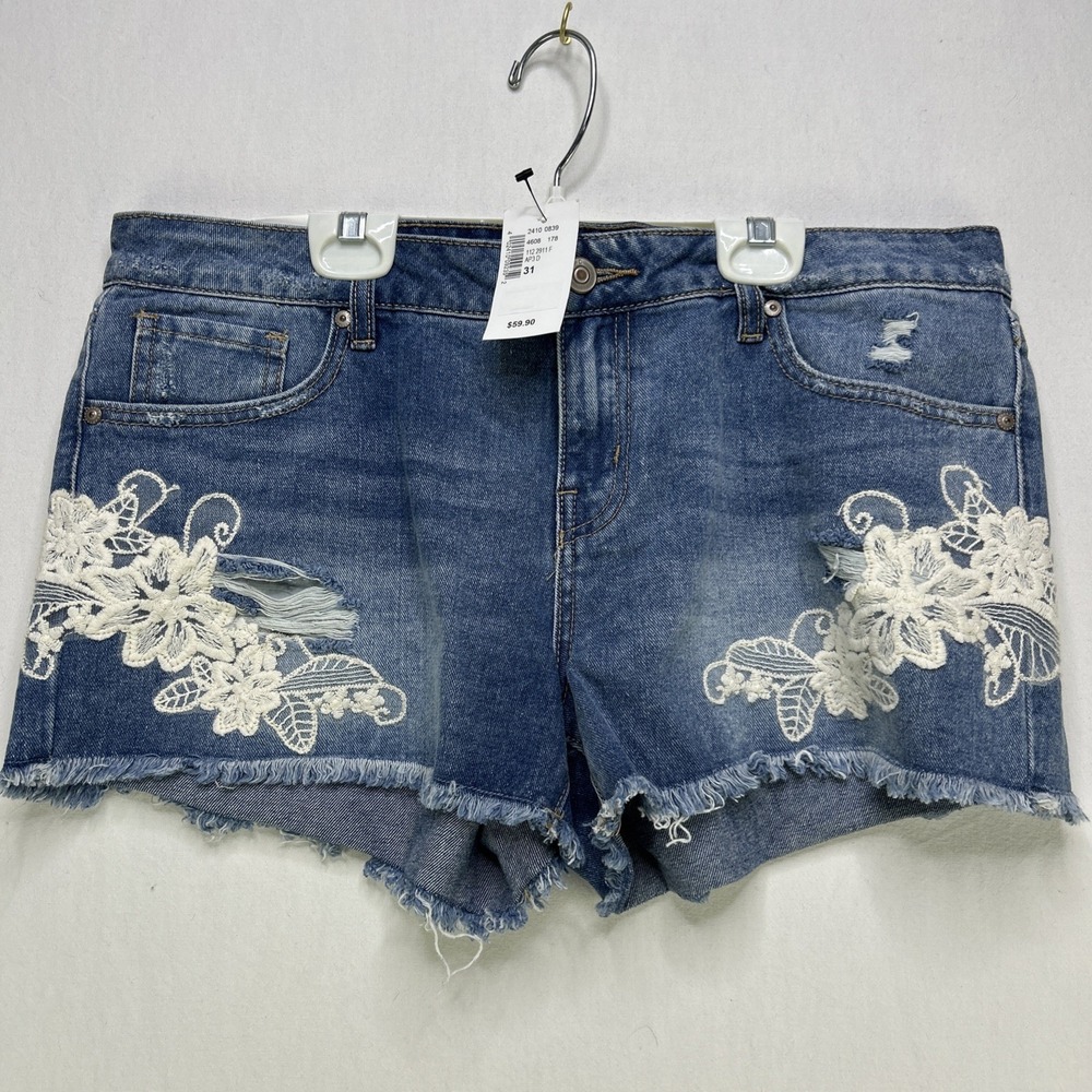 Dex Jean Shorts Women's Size 31 Denim Embroidered Distressed Blue With Tags